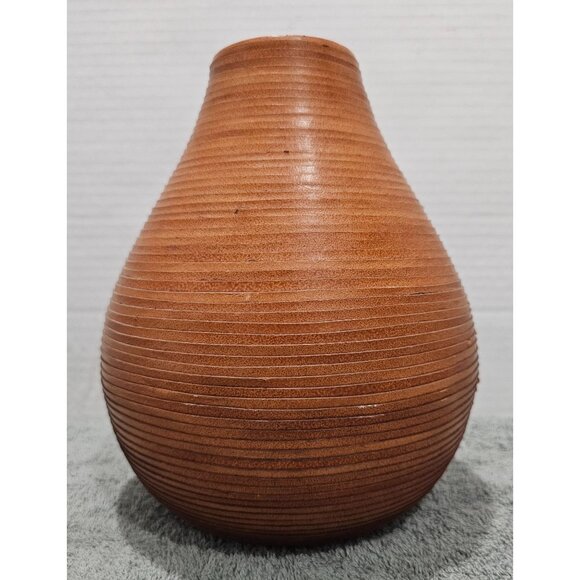 Boho Faux Leather Spiral Wrapped Crate & Barrel Vase 9" x 6" - Picture 1 of 10